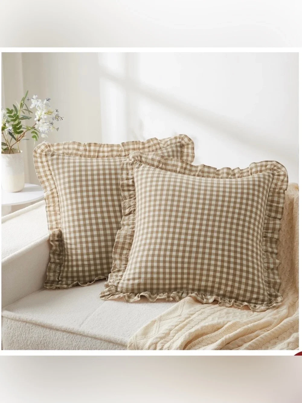 Gingham Ruffle EURO SHAMS 100% Cotton Square 26x26” Taupe